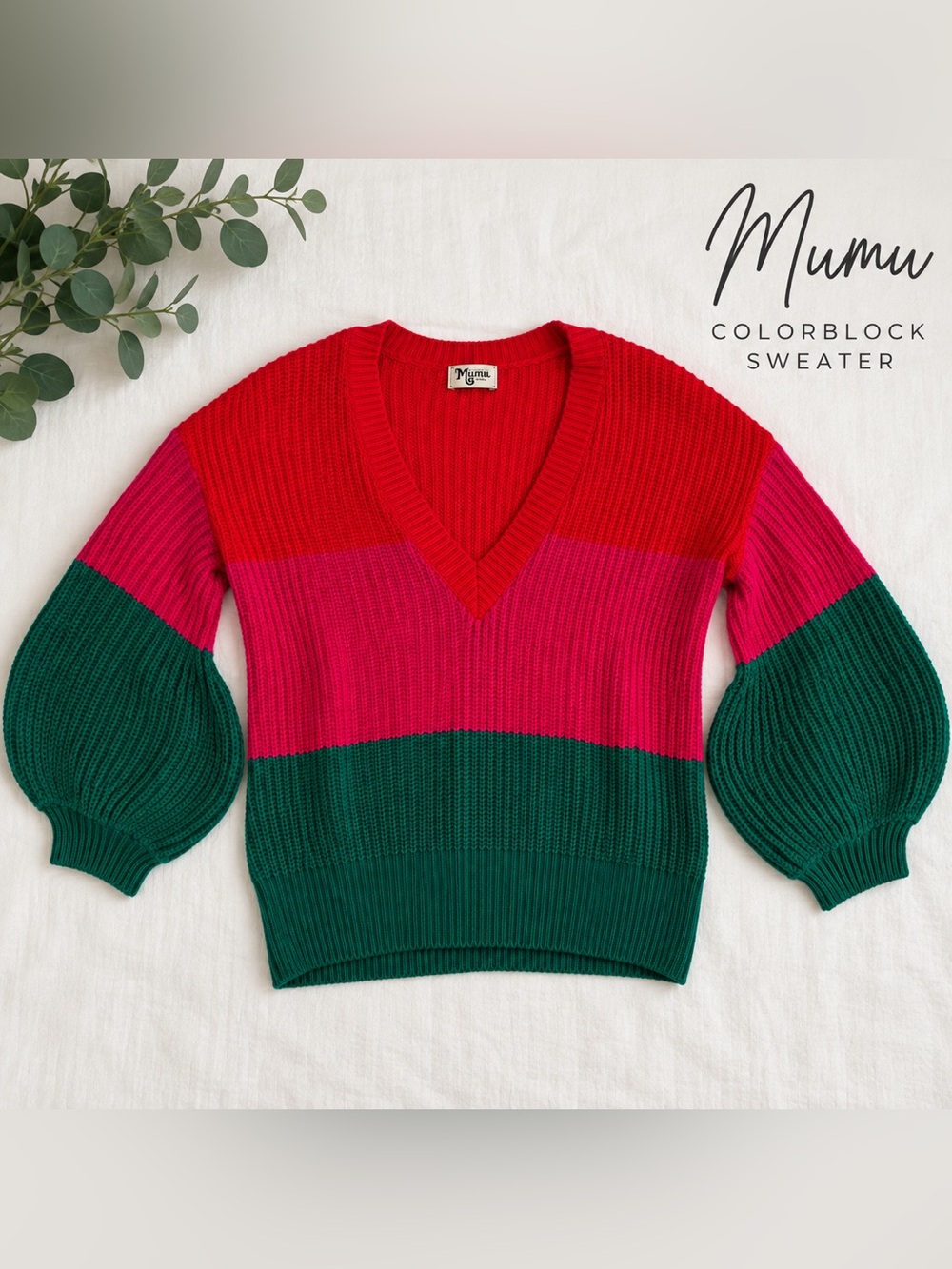 Show Me Your MuMu Bold Colorblock V-Neck Sweater — Red, Pink & Green